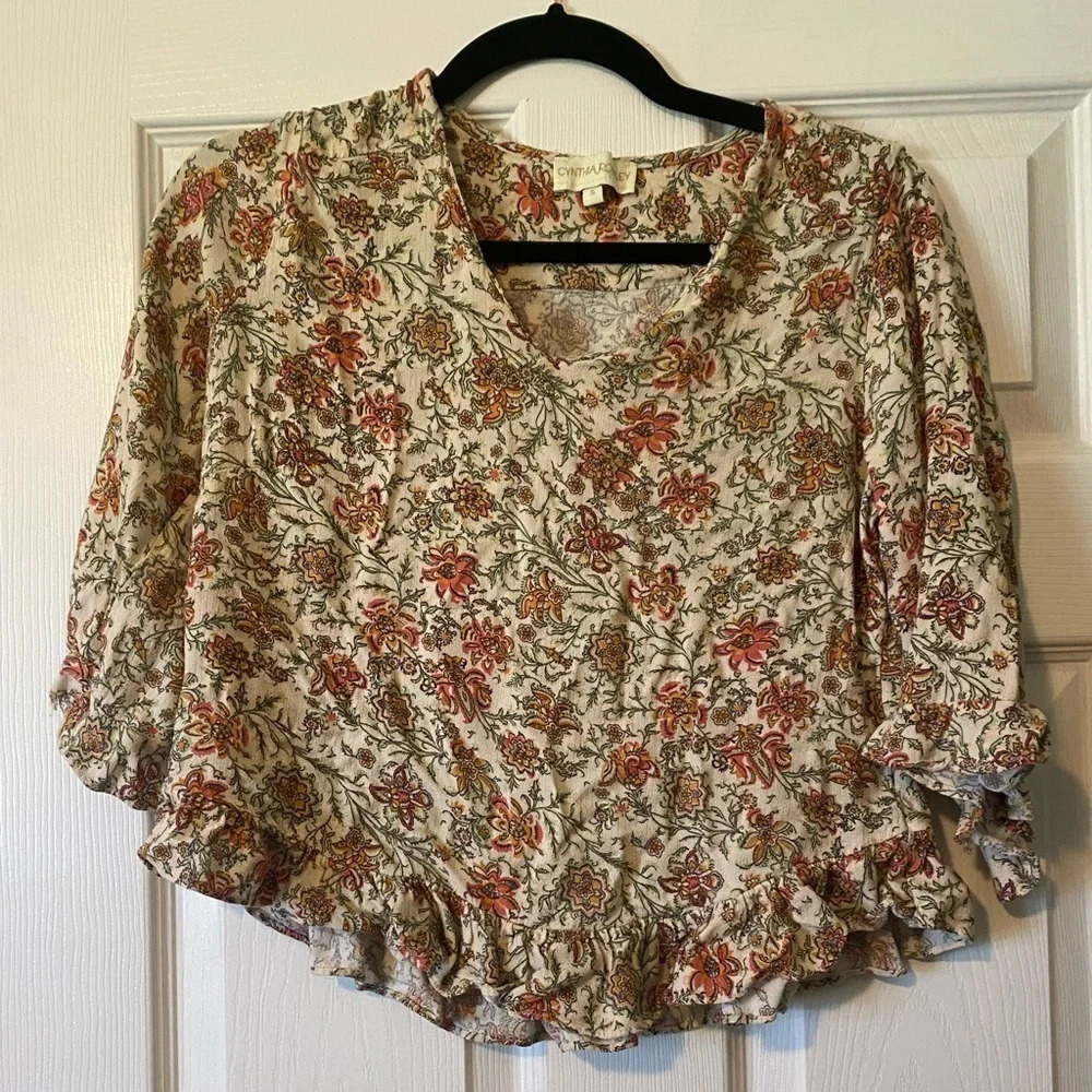 Cynthia Rowley‎ Floral Ruffle Sleeve and Hem 3/4 Sleeve Cropped Top Size Small